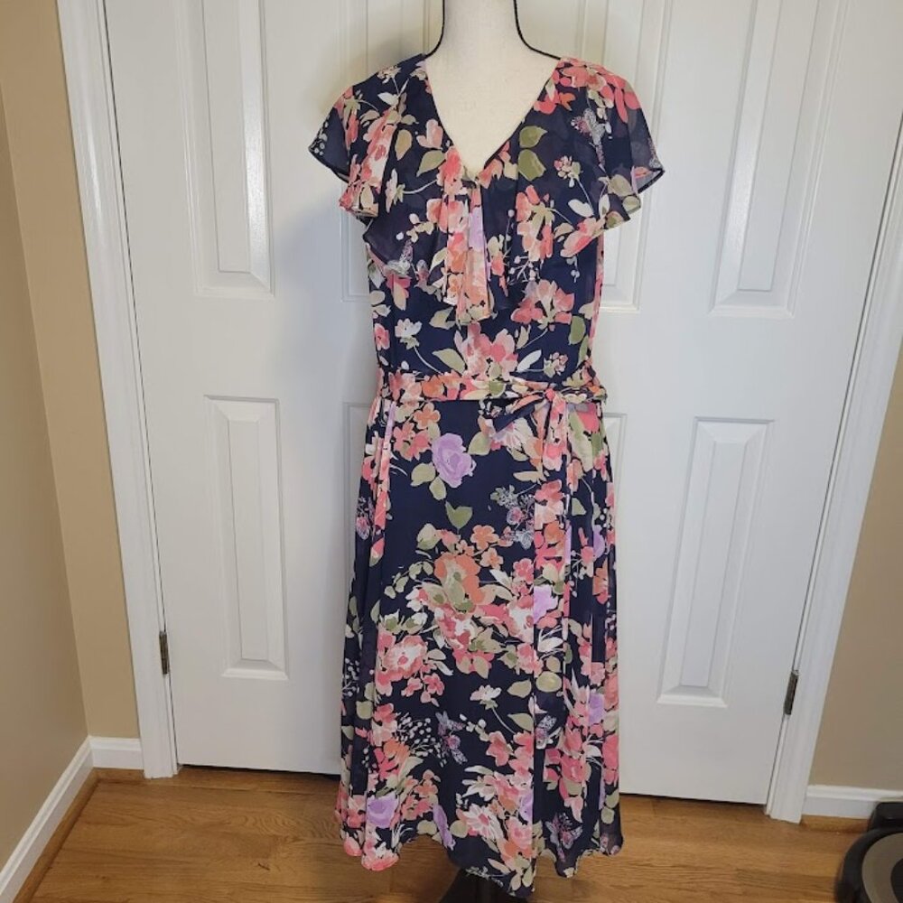 ELLE Navy Floral Midi Dress with Tie Waist – Size XL